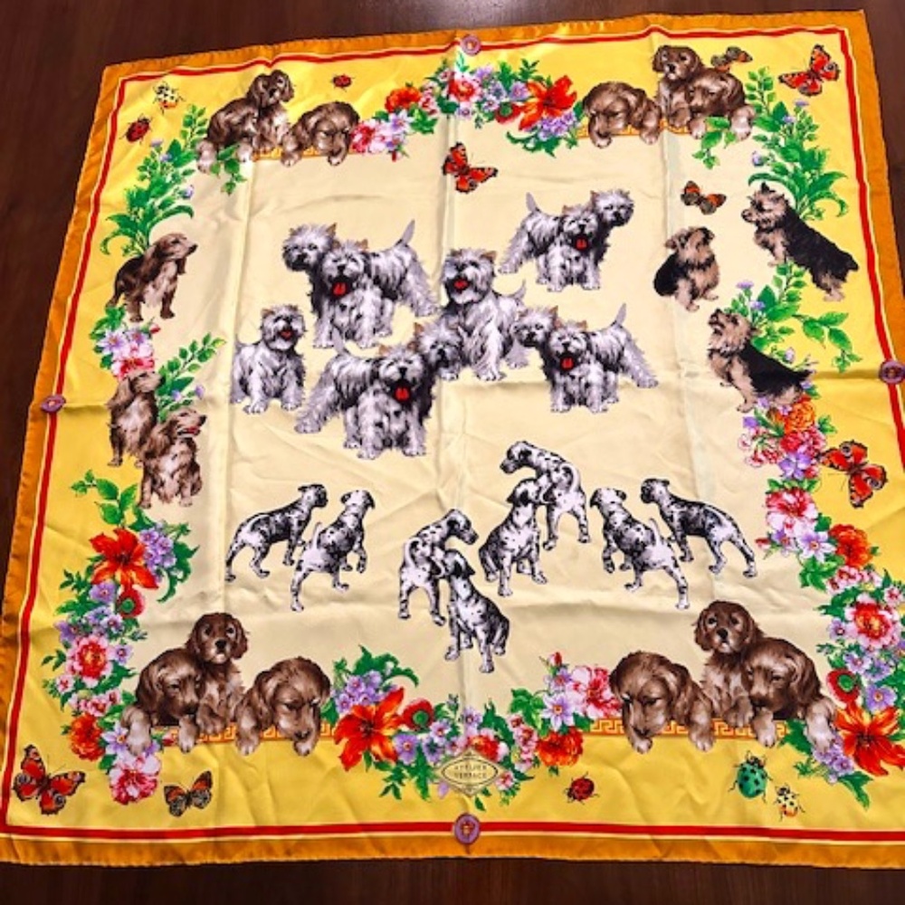 Rare Atelier Versace Silk Scarf with Puppies, Butterflies and Ladybugs